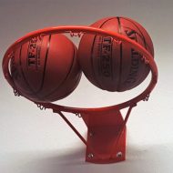 I lost an eye, but it does not matter (Basketbälle), 2018, resin cast, metal 2018, 35x70x45-cm